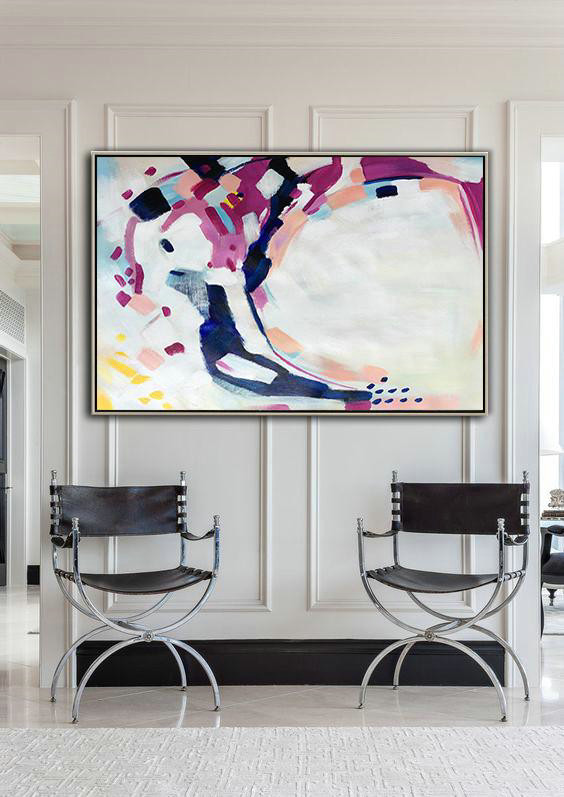 Huge Abstract Painting On Canvas,Oversized Horizontal Contemporary Art,Large Wall Art Canvas,Pink,Purple,Dark Blue,White,Yellow.etc